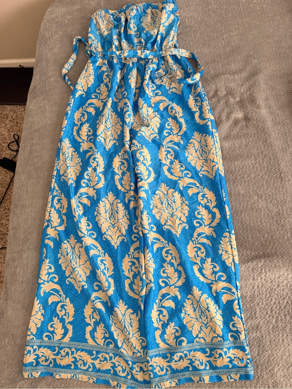 Strapless Blue & Cream Printed Maxi Dress